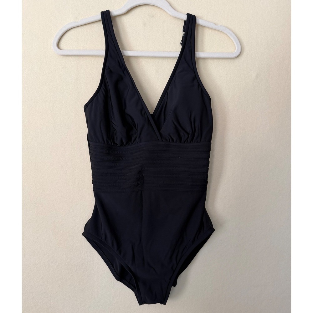 Aqua Green Black One Piece Swimsuit Ruched Waist V-Neck Medium 676117R